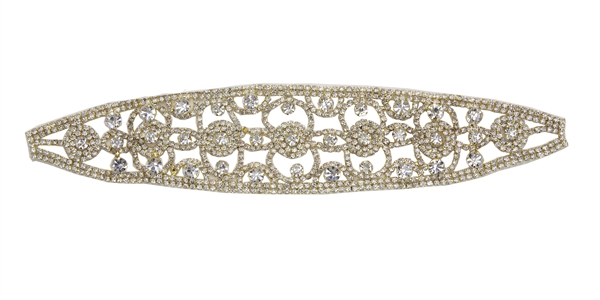 RHS-APL-104-GOLD.  Glue-On / Sew-On Clear Crystal Rhinestone Applique - Gold Metal Backing - 2.25 inch X 9Inch