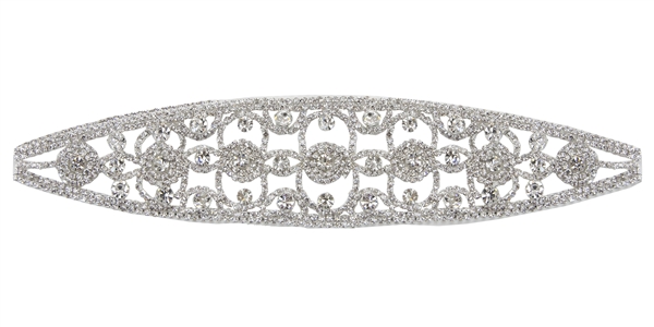 RHS-APL-104-SILVER.  Glue-On / Sew-On Clear Crystal Rhinestone Applique - Silver Metal Backing - 2.25 inch X 9 Inch