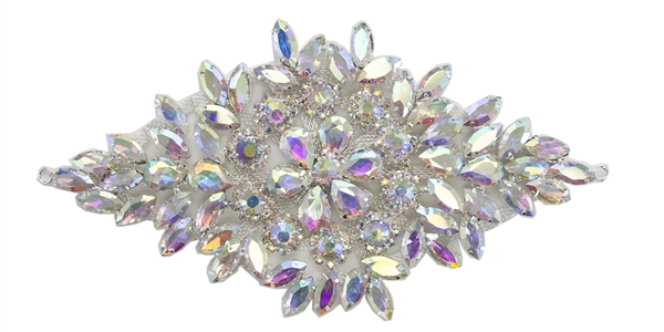 RHS-APL-105-AB.  Glue-On / Sew-On AB Crystal Rhinestone Applique - Silver Metal Backing - 3.5 inch X 7 Inch
