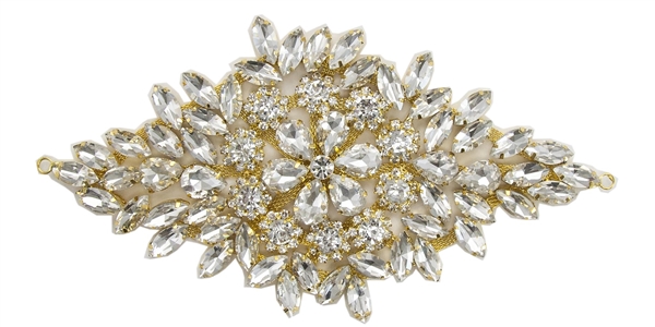 RHS-APL-105-GOLD.  Glue-On / Sew-On Clear Crystal Rhinestone Applique - Gold Metal Backing - 3.5 inch X 7 Inch