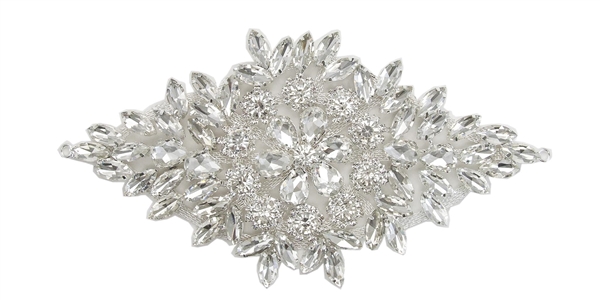 RHS-APL-105-SILVER.  Glue-On / Sew-On Clear Crystal Rhinestone Applique - Silver Metal Backing - 3.5 inch X 7 Inch
