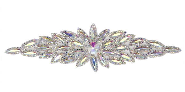 RHS-APL-106-AB.  Glue-On / Sew-On AB Crystal Rhinestone Applique - Silver Metal Backing - 2.75 inch X 8.5 Inch