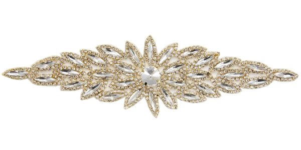 RHS-APL-106-GOLD.  Glue-On / Sew-On Clear Crystal Rhinestone Applique - Gold Metal Backing - 2.75 inch X 8.5 Inch