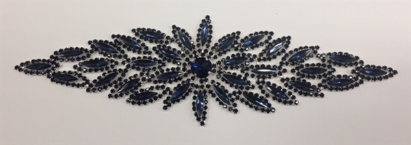 RHS-APL-M106-NAVY.  Glue-On / Sew-On Navy Crystal Rhinestone Applique - Silver Metal Backing - 2.5 inch X 8 Inch