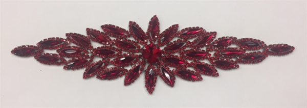 RHS-APL-M106-RED.  Glue-On / Sew-On Red Crystal Rhinestone Applique - Red Metal Backing - 2.75 inch X 8.5 Inch