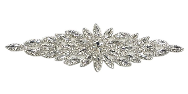 RHS-APL-106-SILVER.  Glue-On / Sew-On Clear Crystal Rhinestone Applique - Silver Metal Backing - 2.75 inch X 8.5 Inch