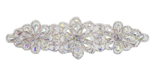 RHS-APL-107-AB.  Glue-On / Sew-On AB Crystal Rhinestone Applique - Silver Metal Backing - 2.75 inch X 9 Inch