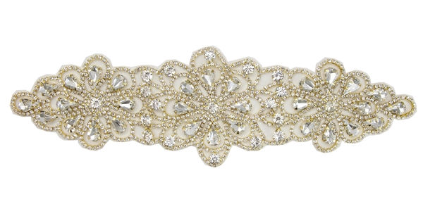 RHS-APL-107-GOLD.  Glue-On / Sew-On Clear Crystal Rhinestone Applique - Gold Metal Backing - 2.75 inch X 9 Inch
