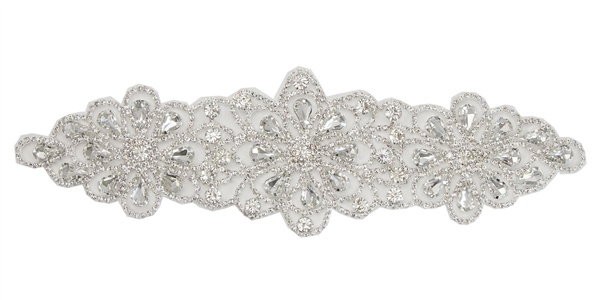 RHS-APL-107-SILVER.  Glue-On / Sew-On Clear Crystal Rhinestone Applique - Silver Metal Backing - 2.75 inch X 9 Inch