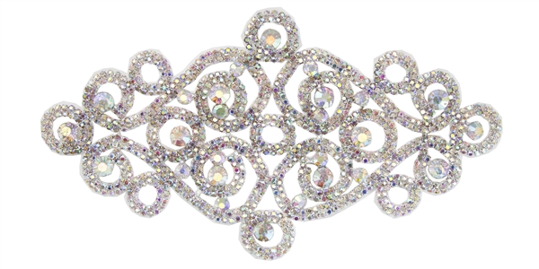 RHS-APL-M108-AB.  Glue-On / Sew-On AB Crystal Rhinestone Applique - Silver Metal Backing - 4 inch X 8 Inch