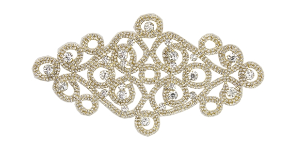 RHS-APL-M108-GOLD.  Glue-On / Sew-On Clear Crystal Rhinestone Applique - Gold Metal Backing - 4 inch X 8 Inch