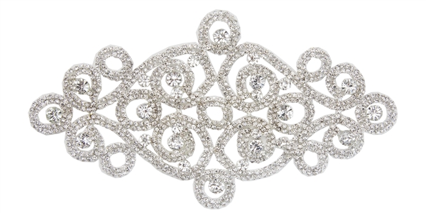 RHS-APL-M108-SILVER.  Glue-On / Sew-On Clear Crystal Rhinestone Applique - Silver Metal Backing - 4 inch X 8 Inch