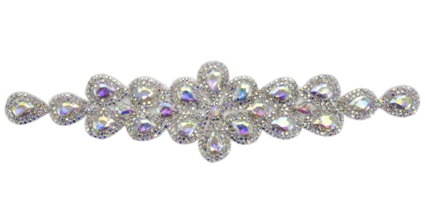 RHS-APL-M109-AB.  Glue-On / Sew-On AB Crystal Rhinestone Applique - Silver Metal Backing - 2 inch X 9 Inch
