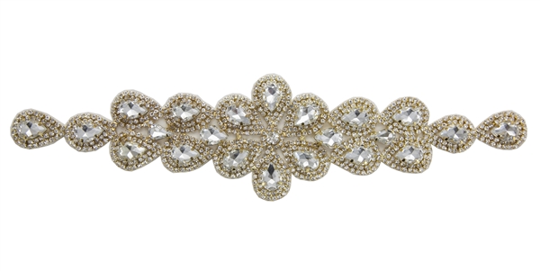 RHS-APL-M109-GOLD.  Glue-On / Sew-On Clear Crystal Rhinestone Applique - Gold Metal Backing - 2 inch X 9 Inch
