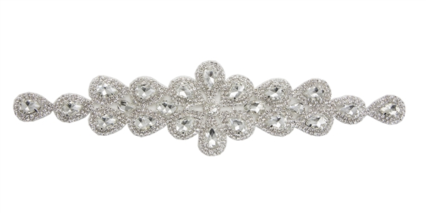 RHS-APL-M109-SILVER.  Glue-On / Sew-On Clear Crystal Rhinestone Applique - Silver Metal Backing - 2 inch X 9 Inch
