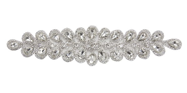 RHS-APL-M110-SILVER.  Glue-On / Sew-On Clear Crystal Rhinestone Applique - Silver Metal Backing - 2 inch X 9 Inch