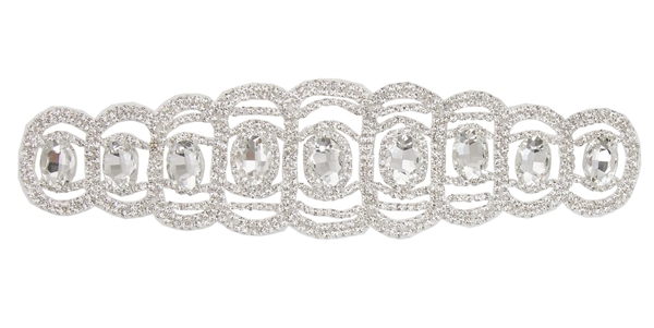 RHS-APL-111-SILVER.  Glue-On / Sew-On Clear Crystal Rhinestone Applique - Silver Metal Backing - 2 inch X 8.5 Inch