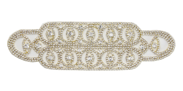 RHS-APL-112-GOLD.  Glue-On / Sew-On Clear Crystal Rhinestone Applique - Gold Metal Backing - 2.5 inch X 8 Inch