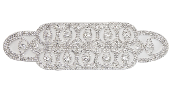 RHS-APL-112-SILVER.  Glue-On / Sew-On Clear Crystal Rhinestone Applique - Silver Metal Backing - 2.5 inch X 8 Inch