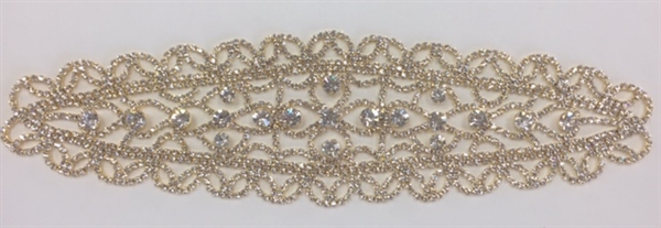 RHS-APL-M114-GOLD.  RHINESTONE APPLIQUE ON METAL.  10 x 2.5 Inches