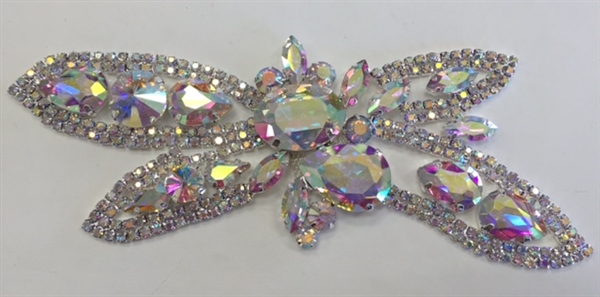 RHS-APL-M118-AB.  AB RHINESTONE APPLIQUE ON SILVER METAL.  6 x 3 Inches