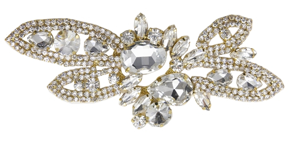 RHS-APL-M118-GOLD.  RHINESTONE APPLIQUE ON GOLD METAL.  6 x 3 Inches