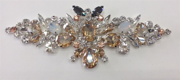 RHS-APL-M125-GREYSILVER.   Glue-On Sew-On Clear and Grey Crystal Rhinestone Applique - With Grey, Rose, and Clear Crystals - 6 x 2.25 Inches
