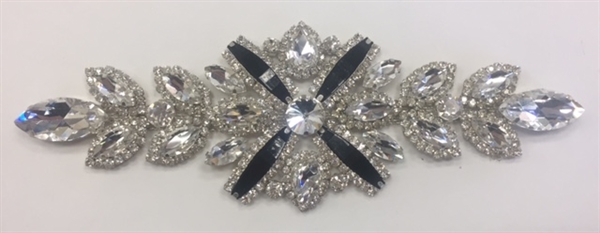 â€‹RHS-APL-M129-SILVER. Glue-On Sew-On Clear Crystal Rhinestones on Silver Metal Applique - 7 x 2.5 Inches. Can be Used for Making Belts, Sashes, Head-Bands, Party Dresses and Costumes.