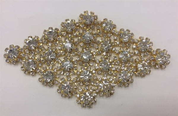 RHS-APL-M132-GOLD. Clear Rhinestones on Gold Metal Applique. 4 x 2.5 Inches