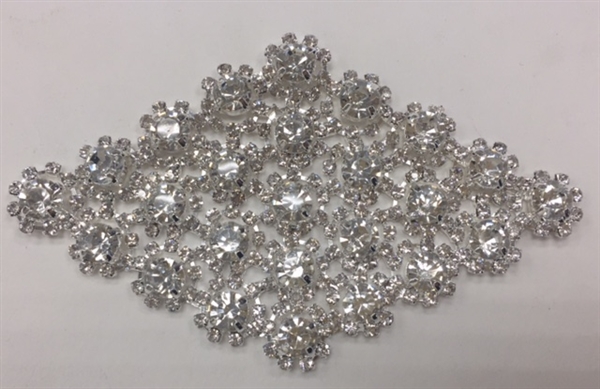 RHS-APL-M132-SILVER. Clear Rhinestones on Silver Metal Applique. 4 x 2.5 Inches