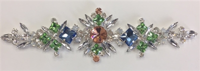RHS-APL-M134. Glue-On Sew-On Multi-Color Crystal Rhinestone Metal Applique - 7 x 2 Inches. Can be Used for Making Belts, Sashes, Head-Bands, Party Dresses and Costumes.