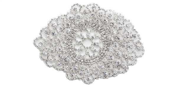 RHS-APL-M202-SILVER.  Glue-On / Sew-On Clear Crystal Rhinestone On Metal Applique - Silver Metal Backing - 6 inch X 4.5 Inch