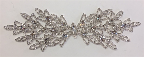 RHS-APL-M219-SILVER. Glue-On or Sew-On Clear Crystal Rhinestones on Silver Metal Applique - 9 x 3 Inches. Can be Used for Making Belts, Sashes, Head-Bands, Party Dresses and Costumes.