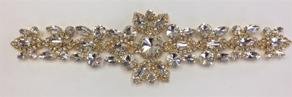 RHS-APL-M220-GOLD. Glue-On or Sew-On Clear Crystal Rhinestones on Gold Metal Applique - 9 x 2.5 Inches. Can be Used for Making Belts, Sashes, Head-Bands, Party Dresses and Costumes.