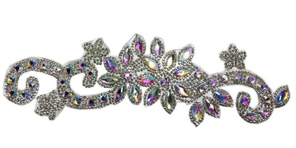 RHS-APL-P085-AB.  CLEAR AND AB ACRYLIC RHINESTONE APPLIQUE - 9 INCHES