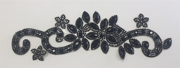 RHS-APL-P085-BLACKBLACK.  BLACK ACRYLIC RHINESTONE APPLIQUE - 9 INCHES