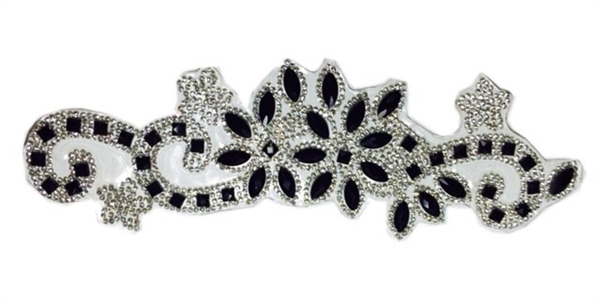 RHS-APL-P085-BLACKSILVER.  CLEAR AND BLACK ACRYLIC RHINESTONE APPLIQUE - 9 INCHES