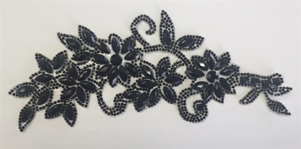 RHS-APL-P086-BLACKBLACK.  BLACK ACRYLIC RHINESTONE APPLIQUE - 8.5 INCHES