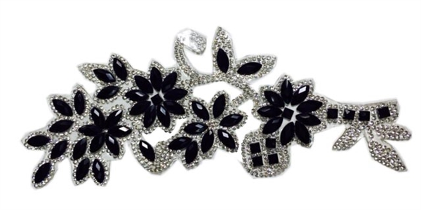 RHS-APL-P086-BLACKSILVER.  CLEAR AND BLACK ACRYLIC RHINESTONE APPLIQUE - 8.5 INCHES