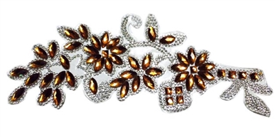 RHS-APL-086-GOLD.  CLEAR AND GOLD ACRYLIC RHINESTONE APPLIQUE - 8.5 INCHES
