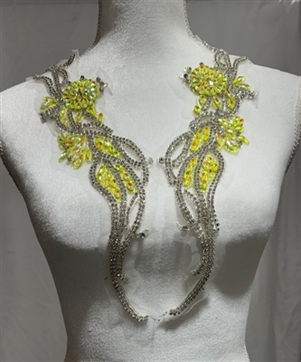RHS-APL-W3303-LIMESILVER-PAIR. Lime and Clear Crystal Rhinestone Applique with Silver Beads on a Shear White Tulle- 15" x 3" Each Piece.