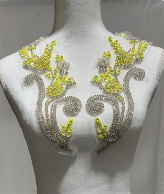 RHS-APL-W3315-LIMESILVER-PAIR. Lime and Silver Crystal Rhinestone Applique on a Shear White Tulle- 12" x 4" Each Piece.