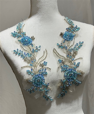 RHS-APL-W3317-BLUE-PAIR. Blue Rhinestone Applique with Clear Crystals and Silver Beads on a Shear White Tulle- 13" x 5" Each Piece.
