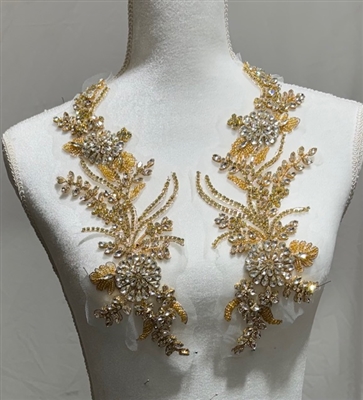 RHS-APL-W3317-GOLD-PAIR. Gold Rhinestone Applique with Clear Crystals and Gold Beads on a Shear White Tulle- 13" x 5" Each Piece.