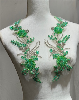 RHS-APL-W3317-GREEN-PAIR. Green Rhinestone Applique with Clear Crystals and Silver Beads on a Shear White Tulle- 13" x 5" Each Piece.