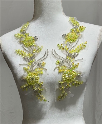 RHS-APL-W3317-LIME-PAIR. Lime Rhinestone Applique with Clear Crystals and Silver Beads on a Shear White Tulle- 13" x 5" Each Piece.