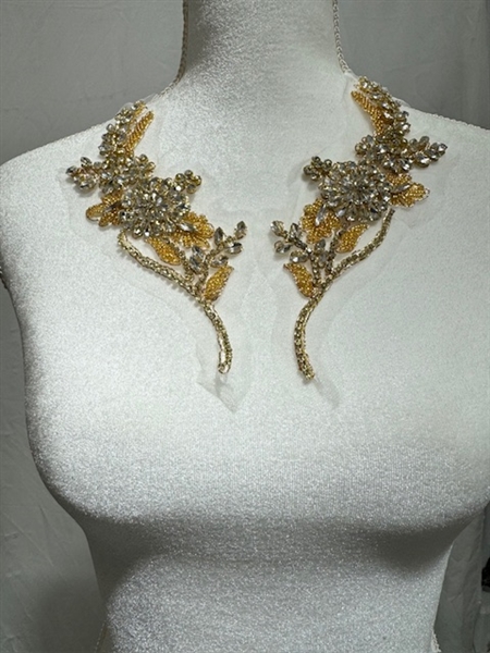 RHS-APL-W3318-GOLD-PAIR. Gold Rhinestone Applique with Clear Crystals and Gold Beads on a Shear White Tulle- 8" x 3" Each Piece.