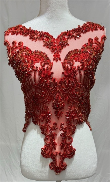 RHS-BOD-069-RED. Red Crystal Rhinestone Bodice with Red Beads And Red Embroidery on a Shear Red Tulle- 24" x 16".