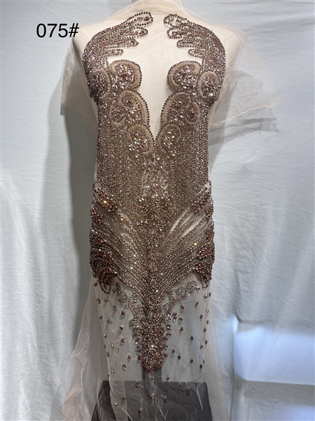 RHS-BOD-075-ROSEGOLD. Rose Gold Crystal Rhinestone Bodice on Tulle - 31" x 15".