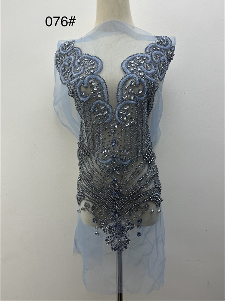 RHS-BOD-076-BLUE. Blue Crystal Rhinestone Bodice on Tulle - 29" x 15"